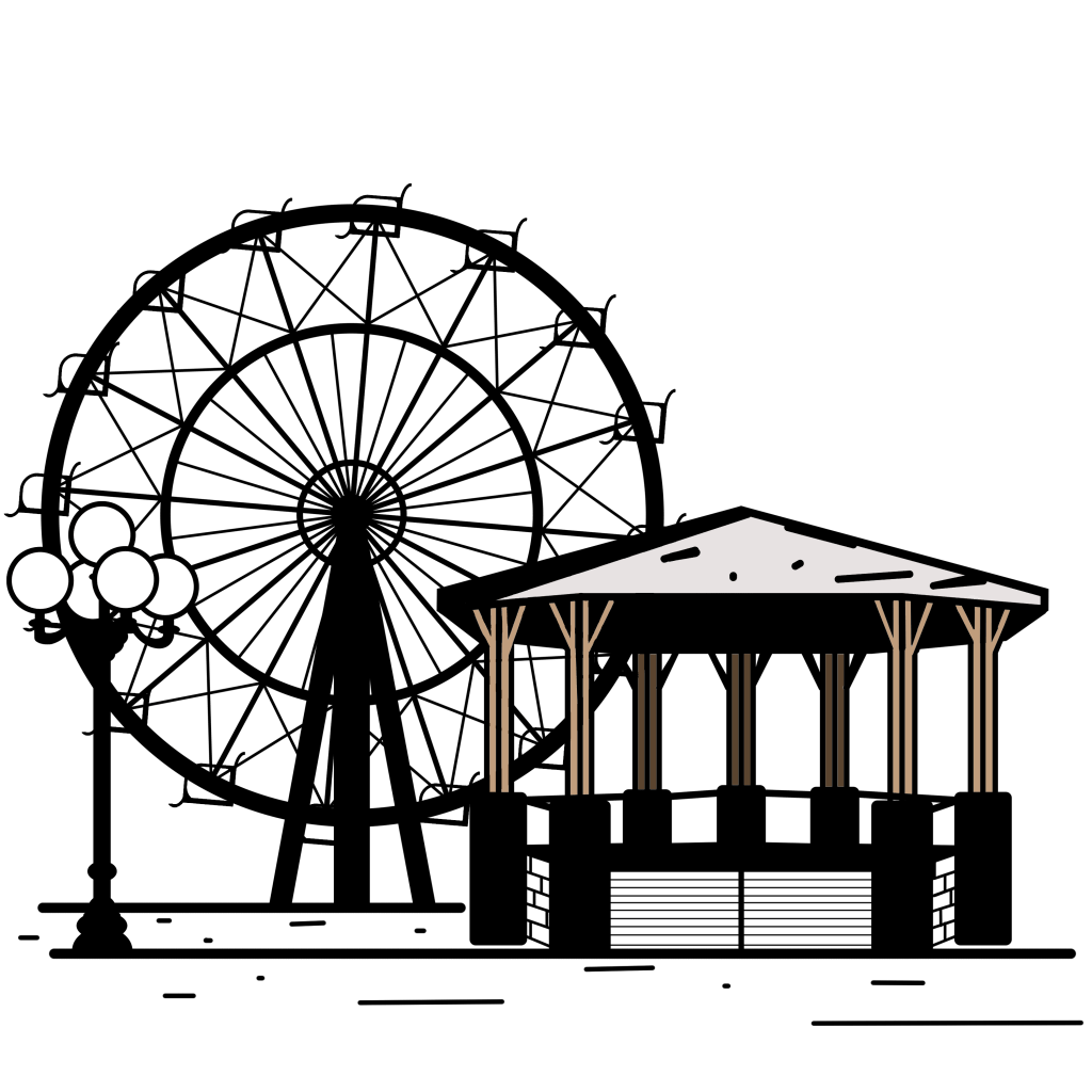 Illustration of a lamppost, ferris wheel, and gazebo